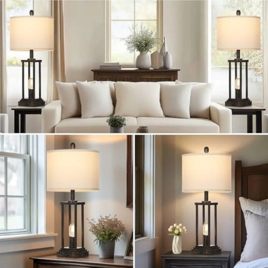 Rustic Farmhouse Table Lamps With Night Light, Set of Two