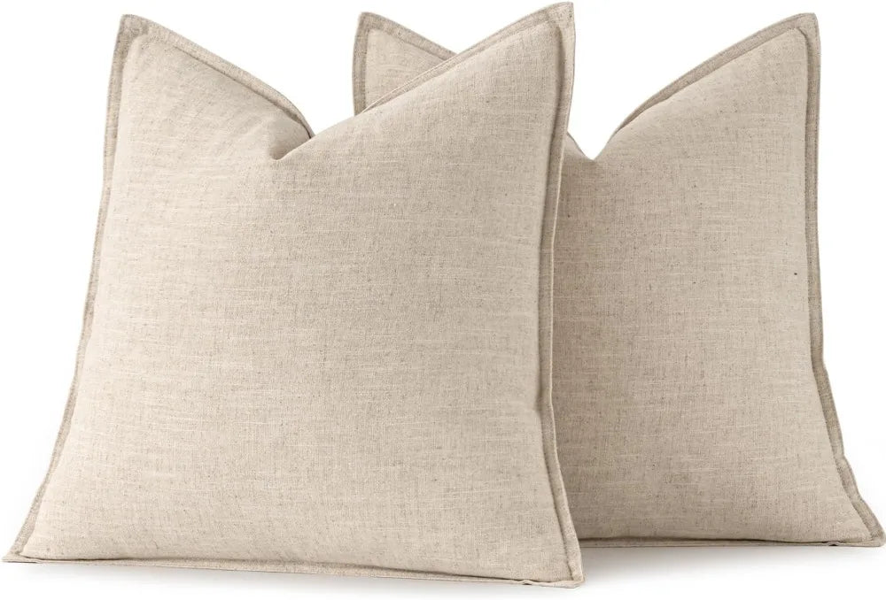 Linen Euro Sham Pillow Covers 24x24, Beige Boho Farmhouse Throw Pillows for Couch, Pack of 2