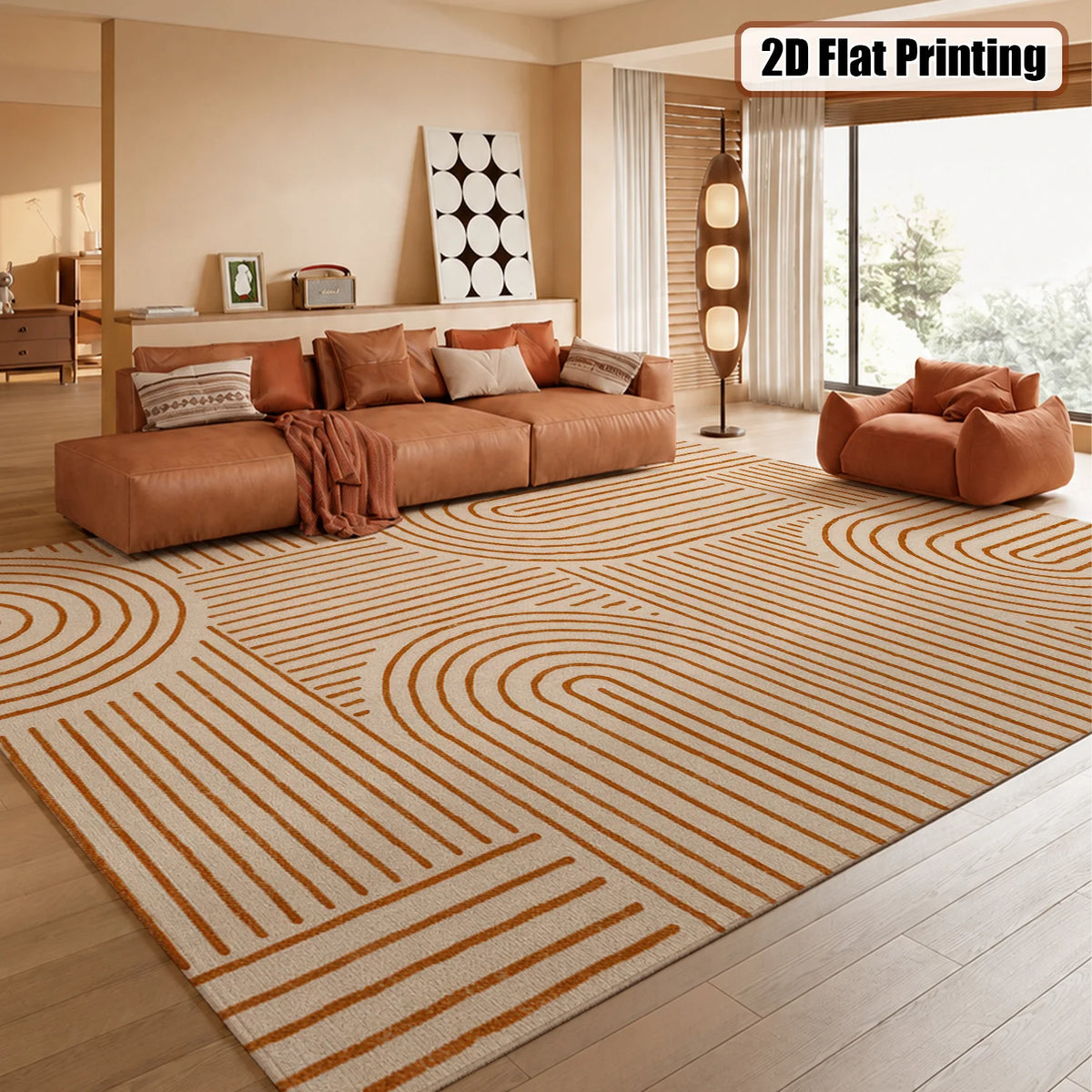 Large Indoor Area Rug, Soft Velvet Low Pile with Non-Slip Dotted Backing, Machine Washable Modern Geometric Line Pattern, Neutral Terracotta Abstract Rug for Living Room and Bedroom Home Decoration