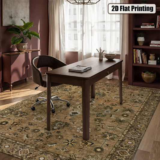 Large Indoor Area Rug, Soft Velvet Low Pile, Non-Slip Dotted Backing, Machine Washable Vintage Floral Neutral Brown Rug for Living Room, Bedroom, Home Floor Decor