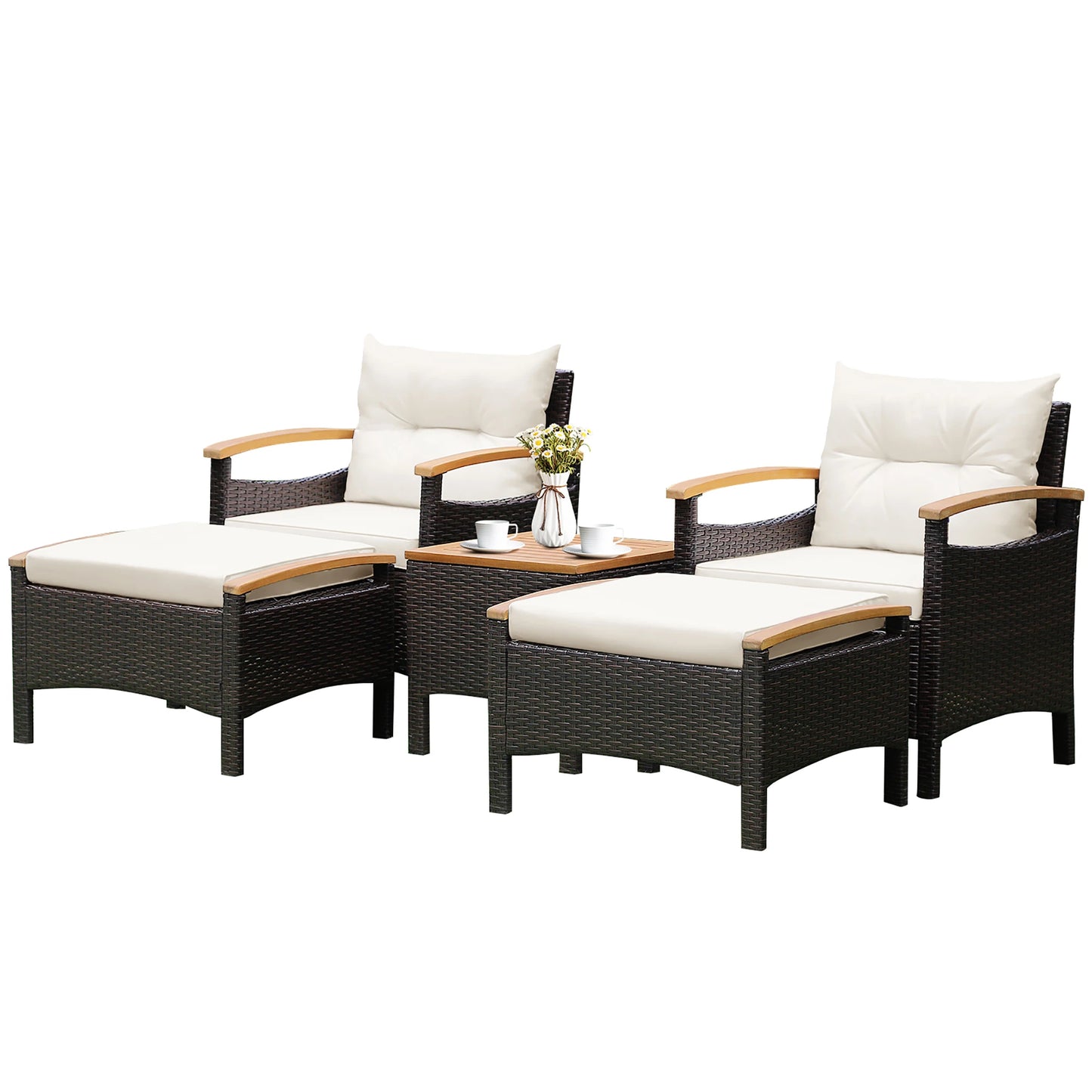 HOMASIS 5-Piece Patio Rattan Furniture Set With Cushioned Wood-Top Table