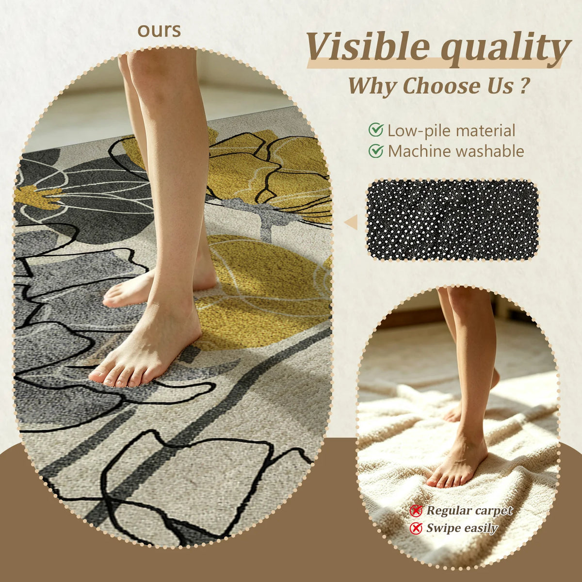 Large Indoor Area Rug, Soft Velvet Low Pile Non-Slip Machine Washable Abstract Floral Rug in Mustard Yellow & Gray Tones for Living Room, Bedroom, Entryway