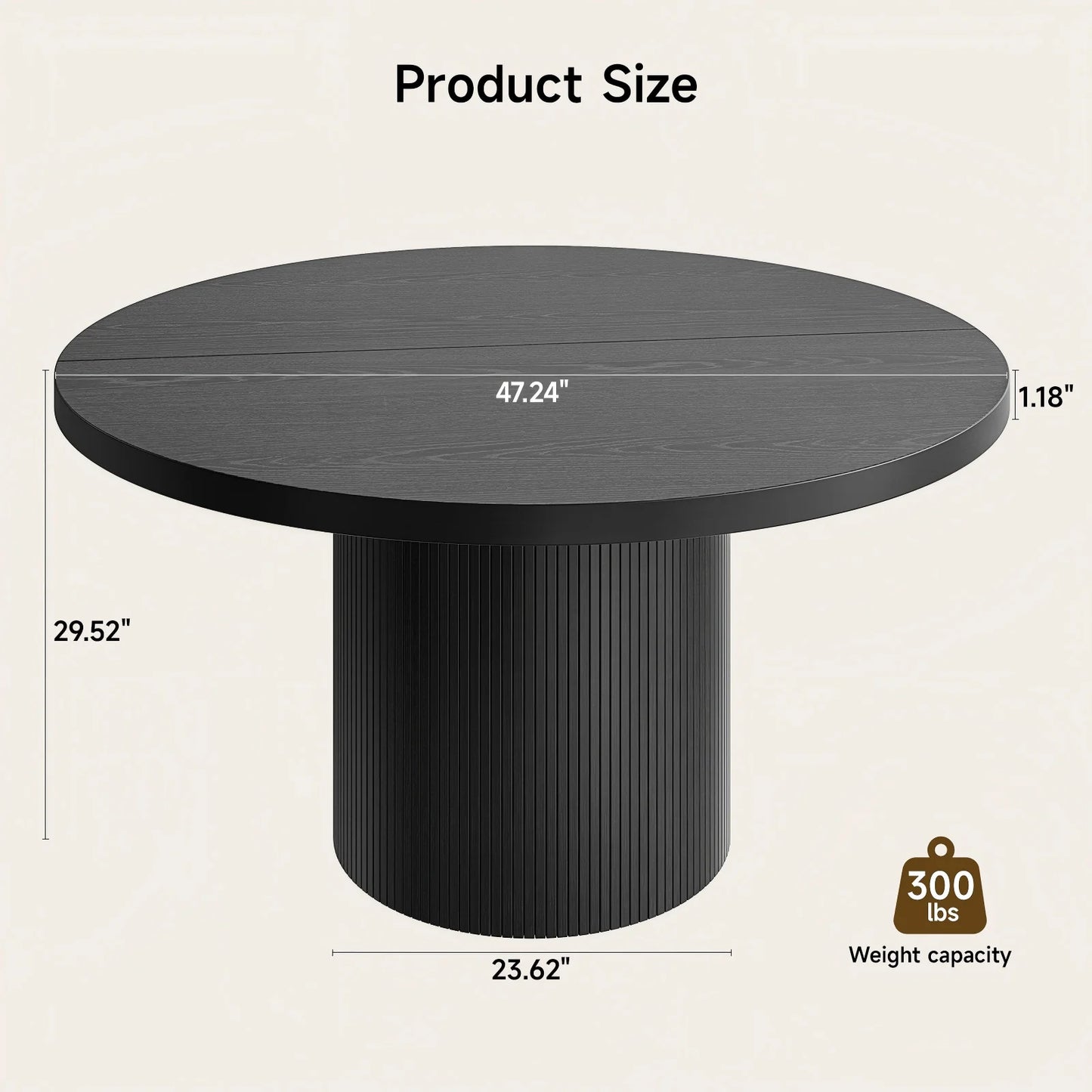 Black 47 Inch Round Dining Table For 4, Circle Fluted Kitchen Table Wood, Modern Dinner Tables For Kitchen, Living Room