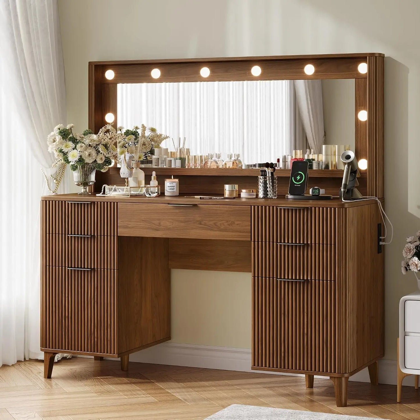 48.8" Wood Fluted Vanity Desk, Large 39.3" Lighted Mirror Makeup Dressing Table, Customized