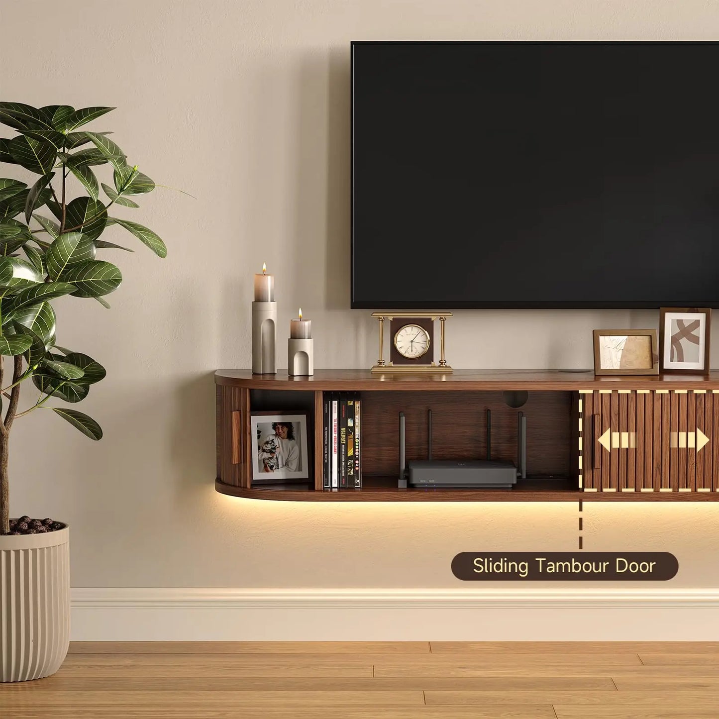 Floating TV Stand with Power Outlet for TVs up to 95 Inch, Wall Mounted TV Stand with LED Lights and Remote, Fluted Entertainment Center, Mid Century Modern TV Console Media Storage Cabinet with Sliding Door, Black