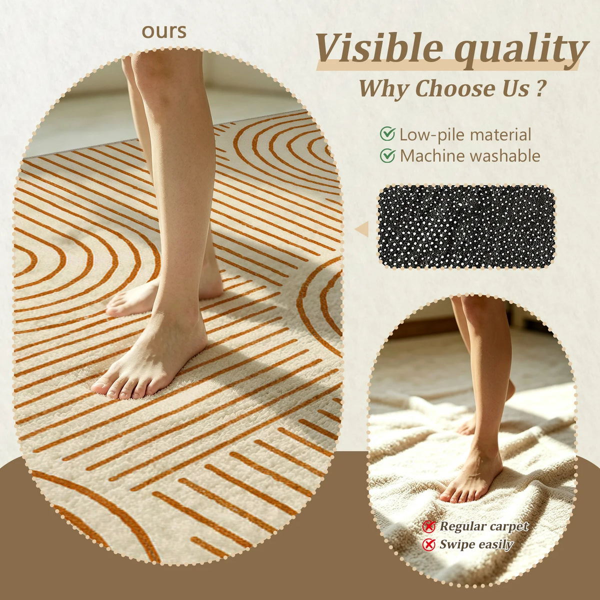 Large Indoor Area Rug, Soft Velvet Low Pile with Non-Slip Dotted Backing, Machine Washable Modern Geometric Line Pattern, Neutral Terracotta Abstract Rug for Living Room and Bedroom Home Decoration