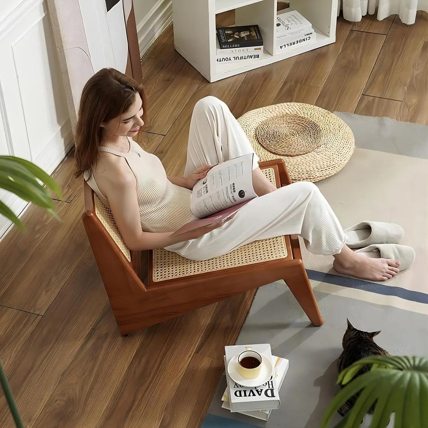 Mid Century Modern Chair Walnut Rattan and Wood Lounge Chairs Armless Accent Chair for Living Room Bedroom, Customized