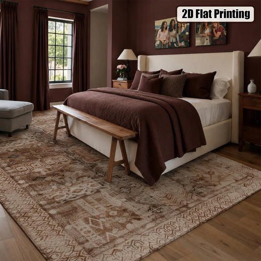 Large Indoor Area Rug, Soft Velvet Low Pile with Non-Slip Dotted Backing, Machine Washable Vintage Geometric Patchwork Neutral Brown Beige Rug for Living Room Bedroom