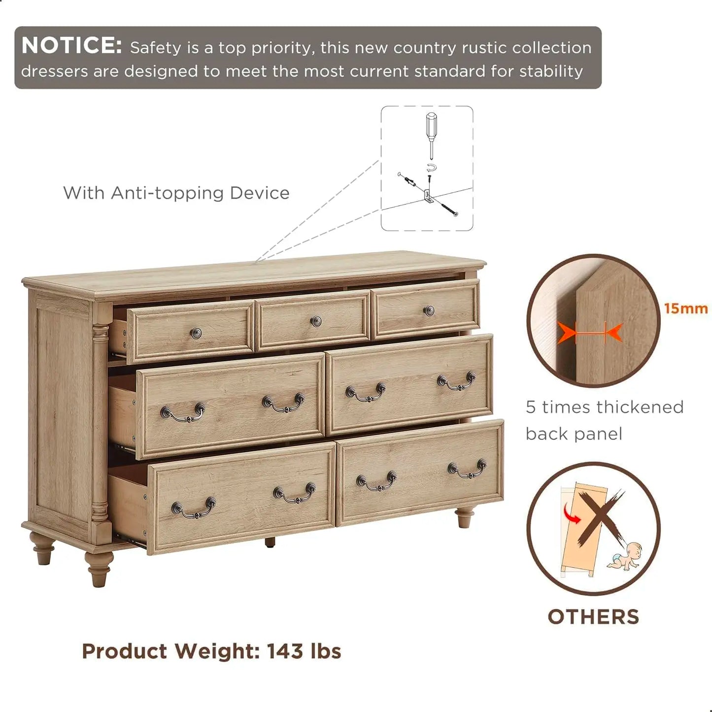 7 Drawer Tall Rustic Solid Wood Dresser with Storage & Feet for Bedroom Living Room, Customized