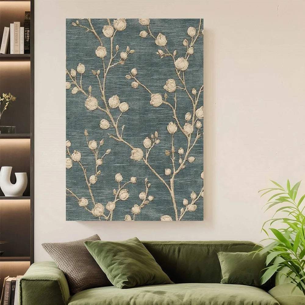 Framed 1pc, Wall Art, Fashion Poster, French Country Vintage Botanical Art Print, Gray-blue Textile Canvas Painting, Living Room