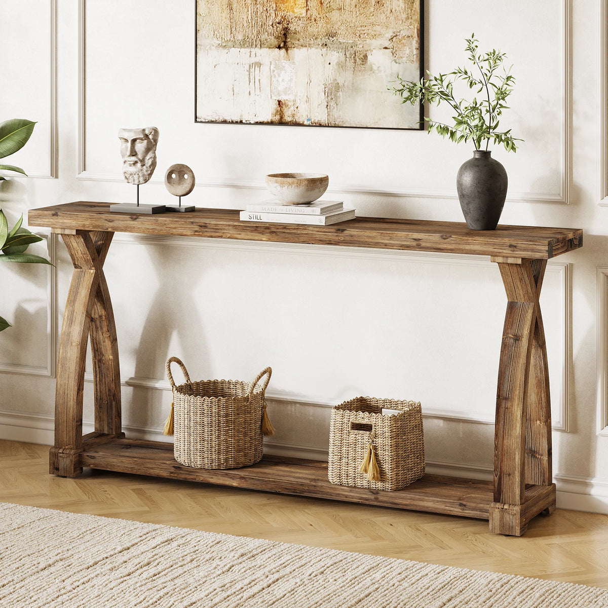 Tribesigns Farmhouse Solid Wood Console Table With Two Tier Storage