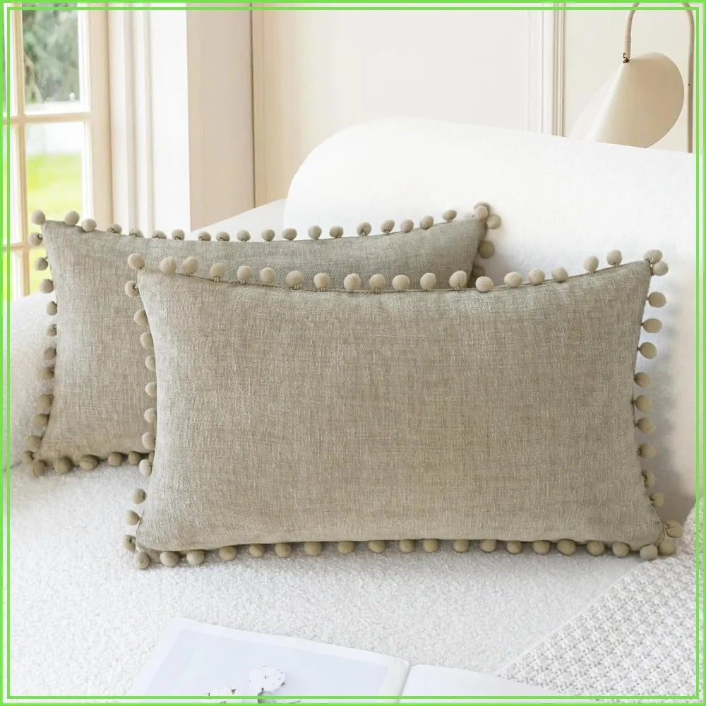 Cozy Chenille Throw Pillow Covers 20x12 Inch Set of 2 with Pom Poms for Couch Sofa Bed Taupe