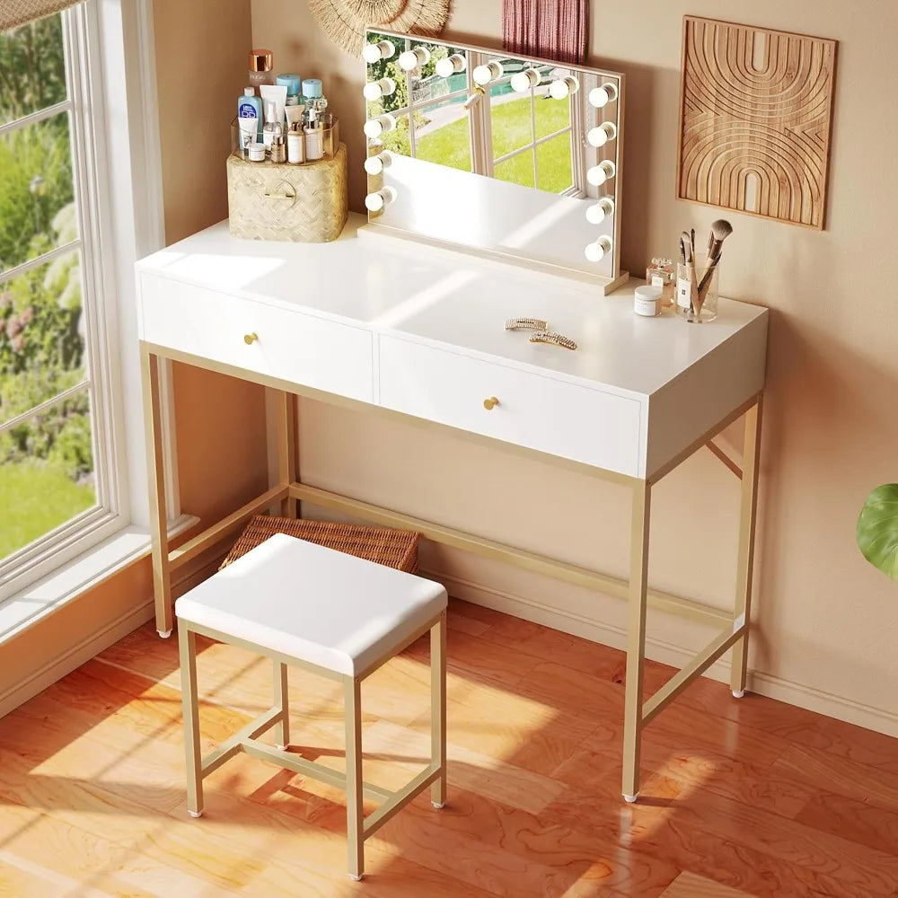 35.4" White and Gold Desk with 2 Drawers, Modern Makeup Vanity with Padded Stool, Small Computer Desk for Home Office