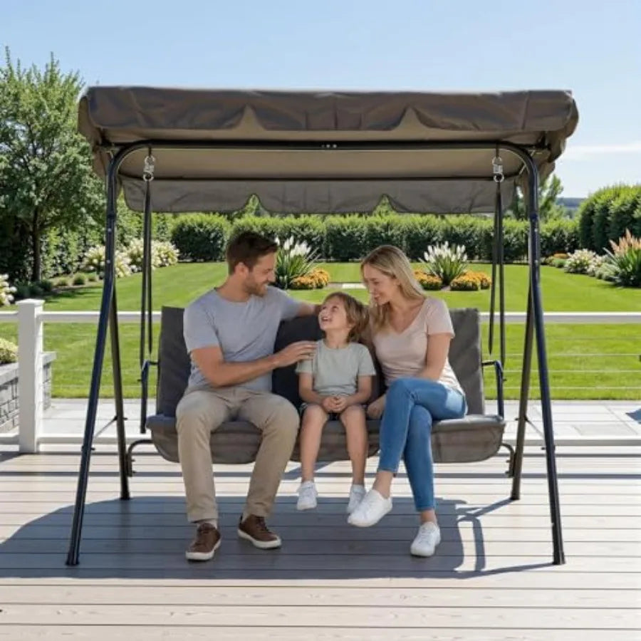 3-Person Outdoor Porch Swing Chair with Adjustable Canopy, Breathable Fabric Seat and Backrest, Armrests, Heavy-Duty Frame, 600