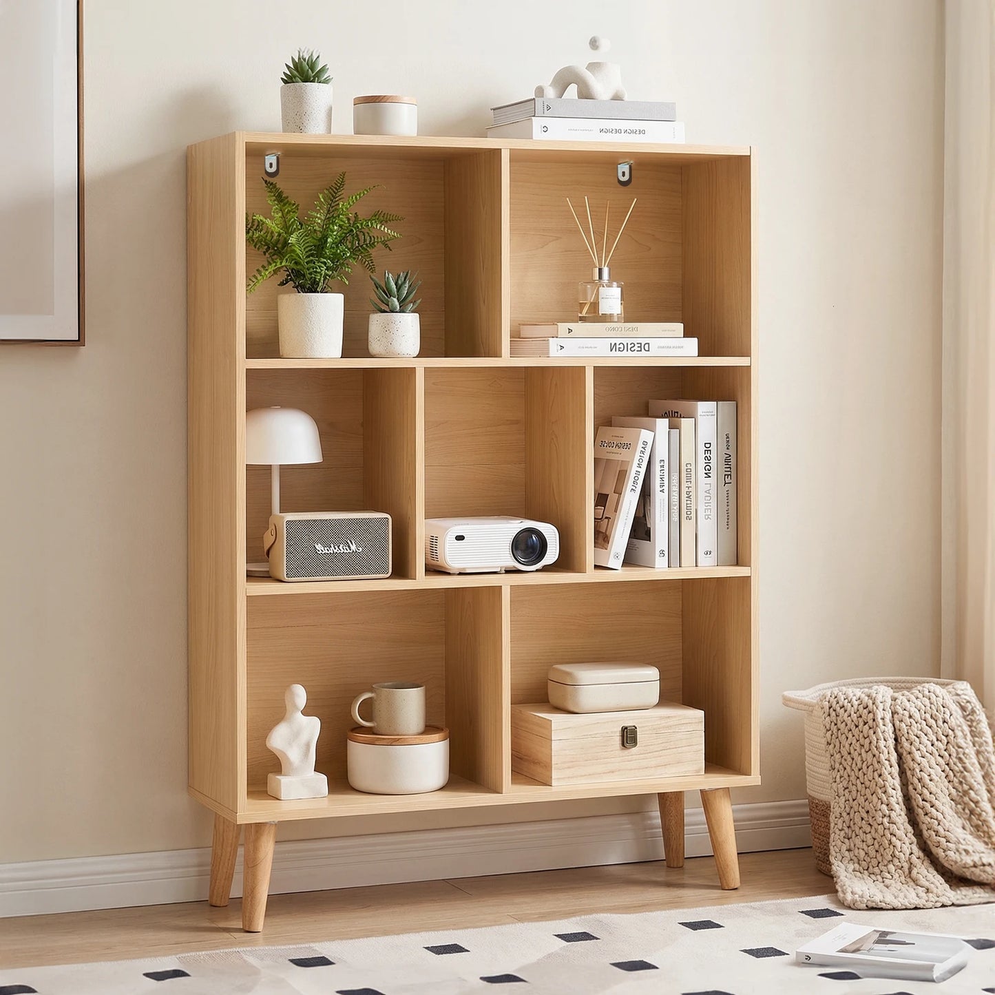 JHK 3 Tier Bookshelf Wooden 7 Cube Storage Organizer Display Bookcase Open Standing Shelf with Legs Graduated Shelves for Home