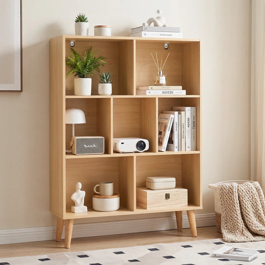 JHK 3 Tier Bookshelf Wooden 7 Cube Storage Organizer Display Bookcase Open Standing Shelf with Legs Graduated Shelves for Home