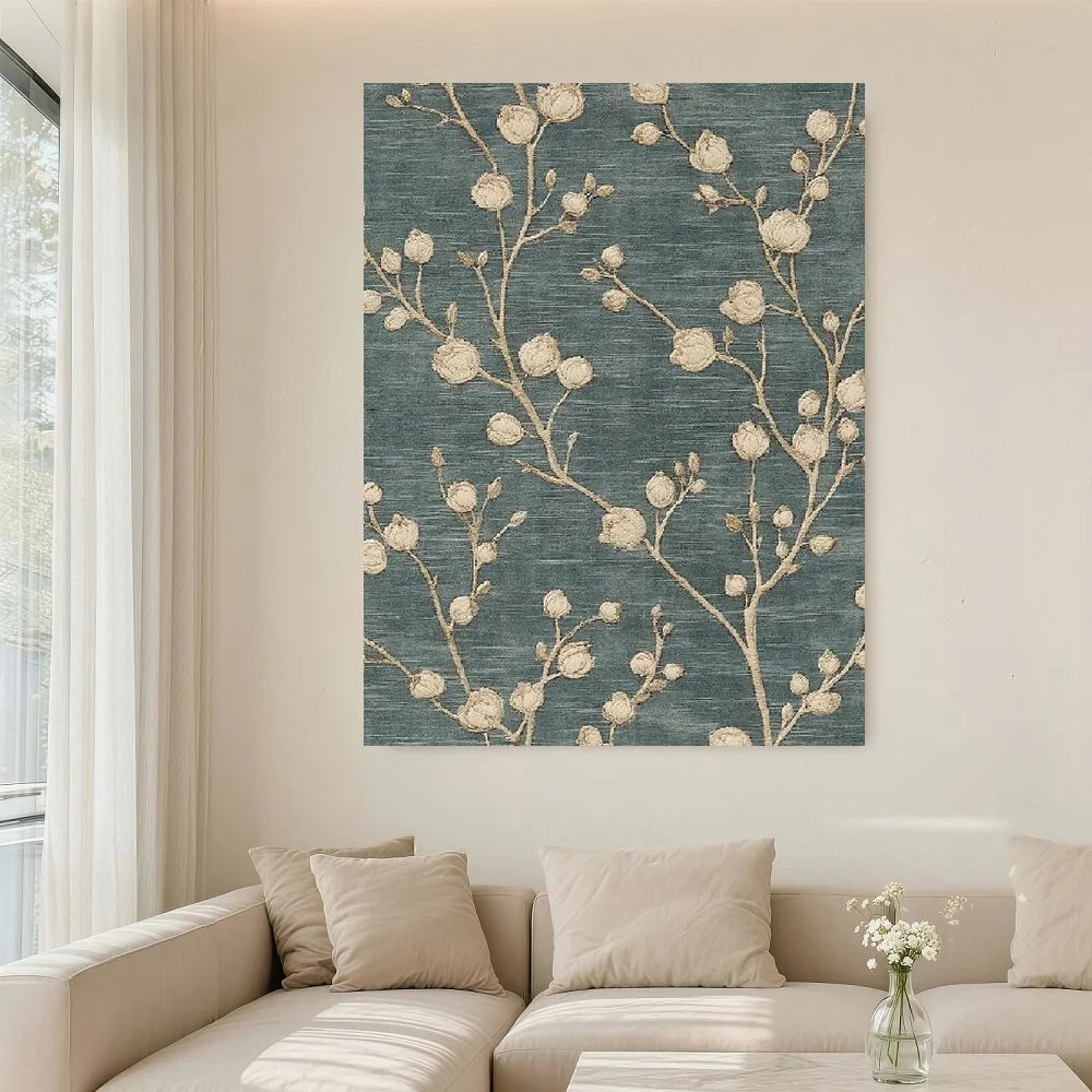 Framed 1pc, Wall Art, Fashion Poster, French Country Vintage Botanical Art Print, Gray-blue Textile Canvas Painting, Living Room