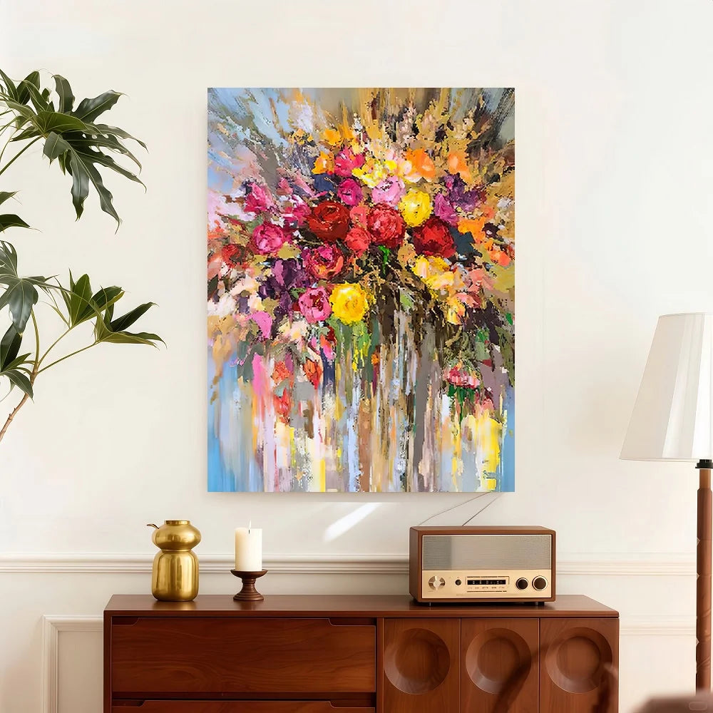 Framed Flat,1pc Canvas Painting, Abstract Colorful Flowers, Fun Artwork for Home, Bedroom, Kitchen, Living Room, Hotel, Cafe, Of