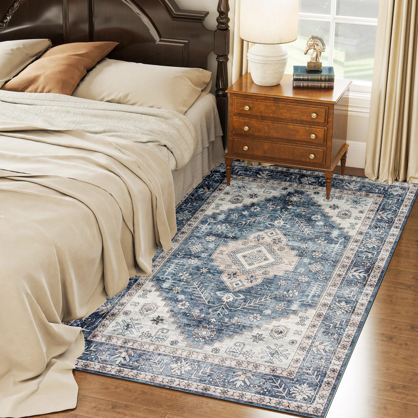 Machine Washable Area Rug, 4'x6' Vintage Oriental Medallion Distressed Rugs Soft Printed Floor Mat, Blue