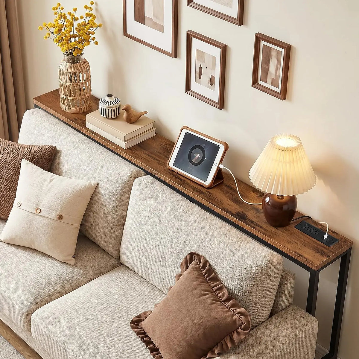70.9-Inch Console Table with Power Outlet and Charging Station, Narrow Sofa Table, Skinny Behind Couch Table for Entryway, Hallway, Foyer, Living Room, Rustic Brown