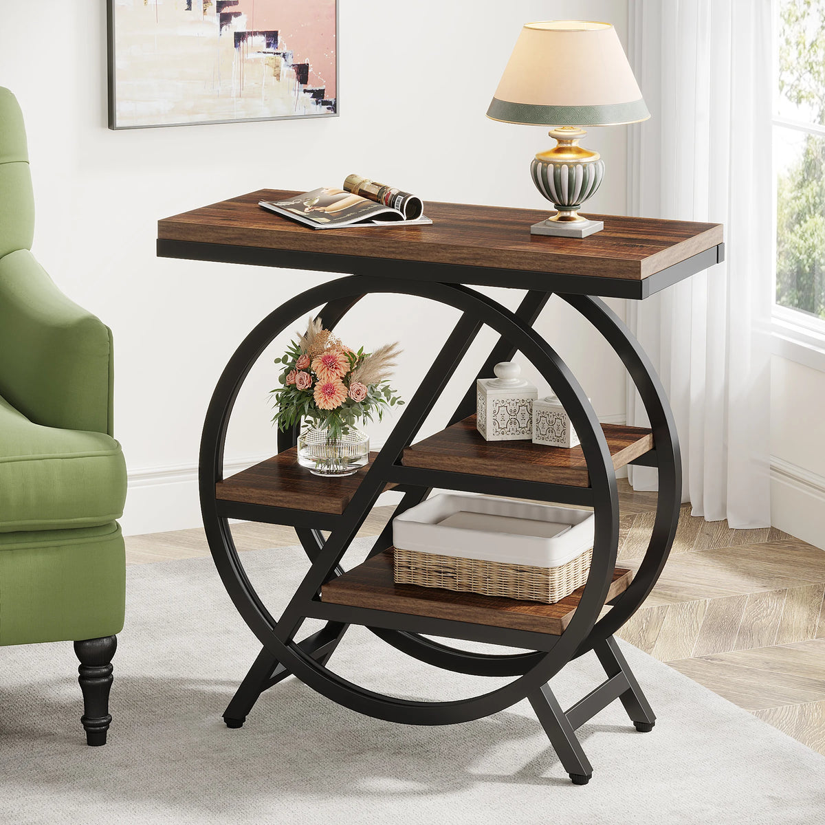 Tribesigns Industrial End Table With 3 Storage Shelves Metal Frame