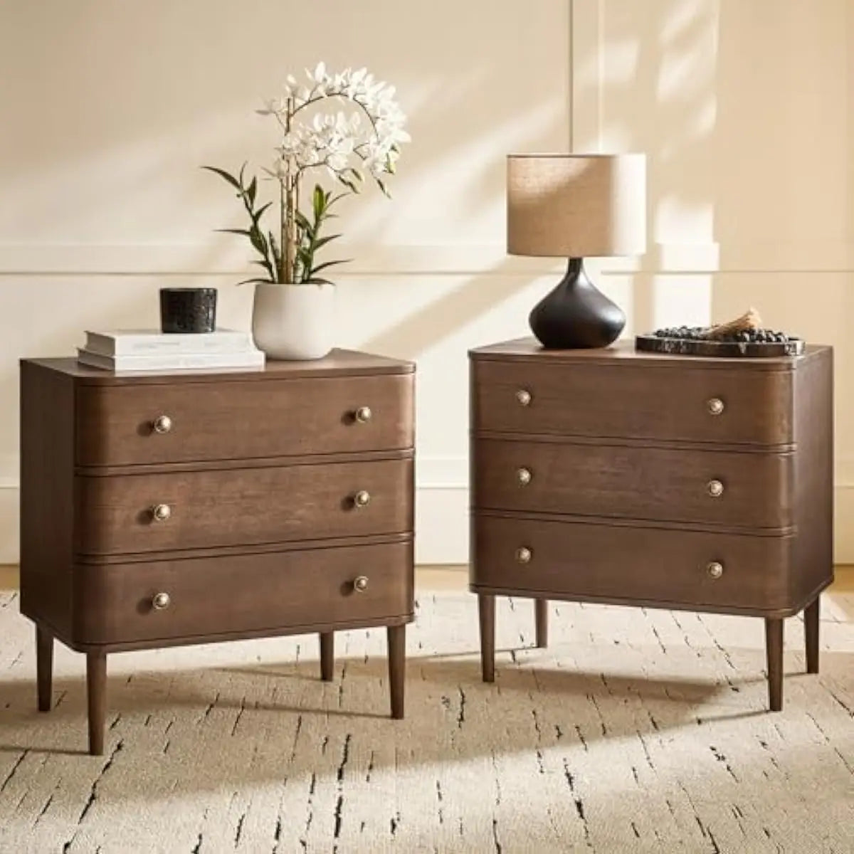 3-Drawer Curved End Table Set with Built-in Outlet & Adjustable Feet – Walnut Finish Solid Wood Construction – Modern Living Roo