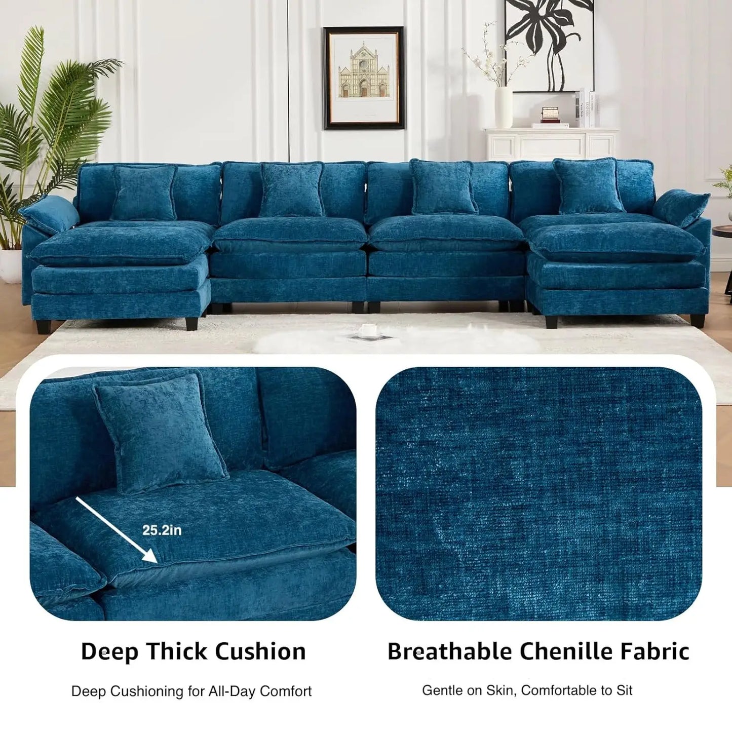 117.9" Modern Sectional Couches for Living Room, Blue Chenille Comfy Cloud Couch Sectional, 3 Seater Couch for, Customized