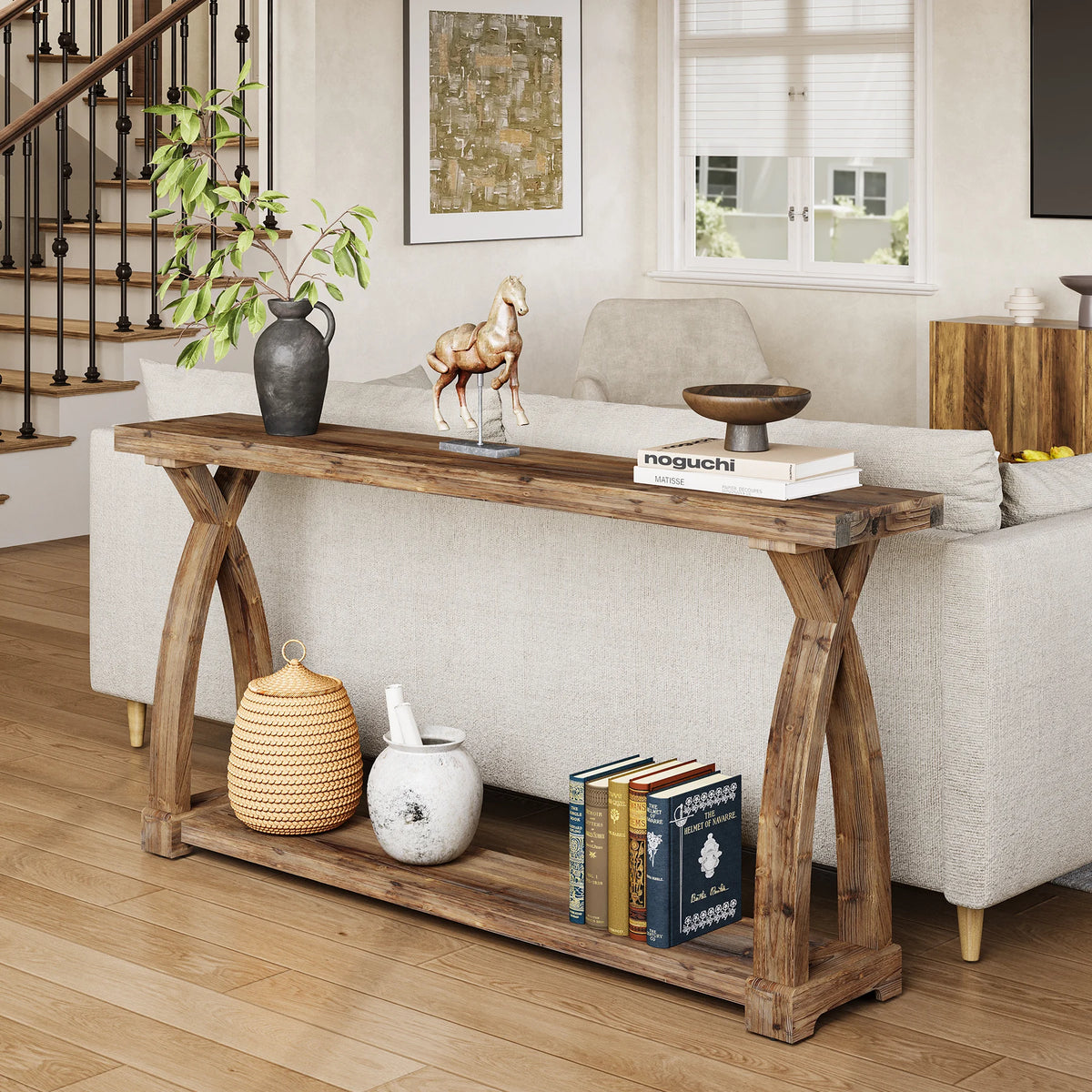 Tribesigns Farmhouse Solid Wood Console Table With Two Tier Storage