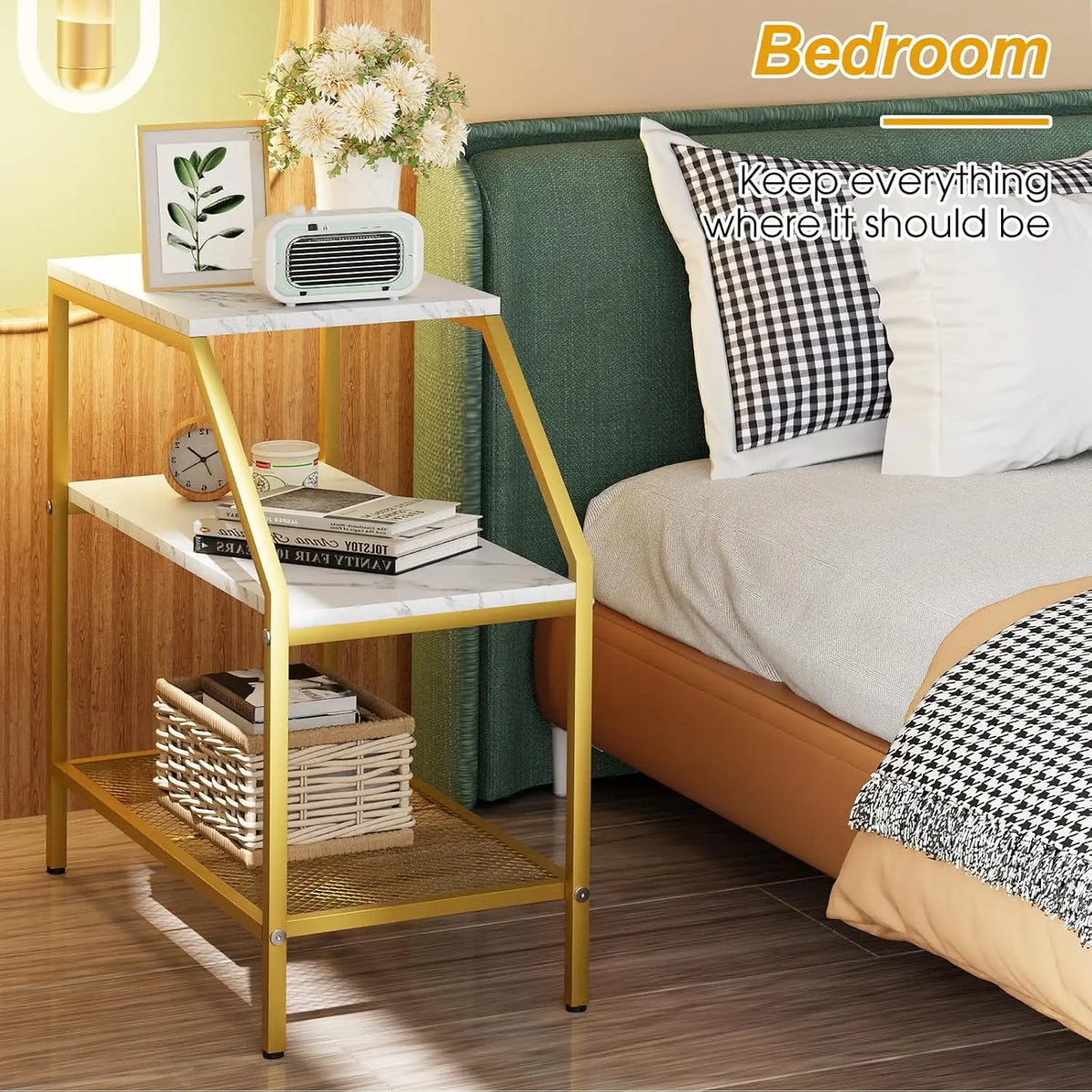 Wolawu End Table 3 Tiers 2pcs White Marble Wood Nightstand with Storage Ladder Shelf,Industrial Sofa Side Table for Small Space, Modern Trapezoid Plant Stand in Living Room Bedroom,Gold Metal Frame