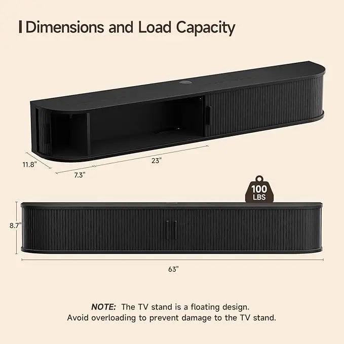 Floating TV Stand with Power Outlet for TVs up to 95 Inch, Wall Mounted TV Stand with LED Lights and Remote, Fluted Entertainment Center, Mid Century Modern TV Console Media Storage Cabinet with Sliding Door, Black