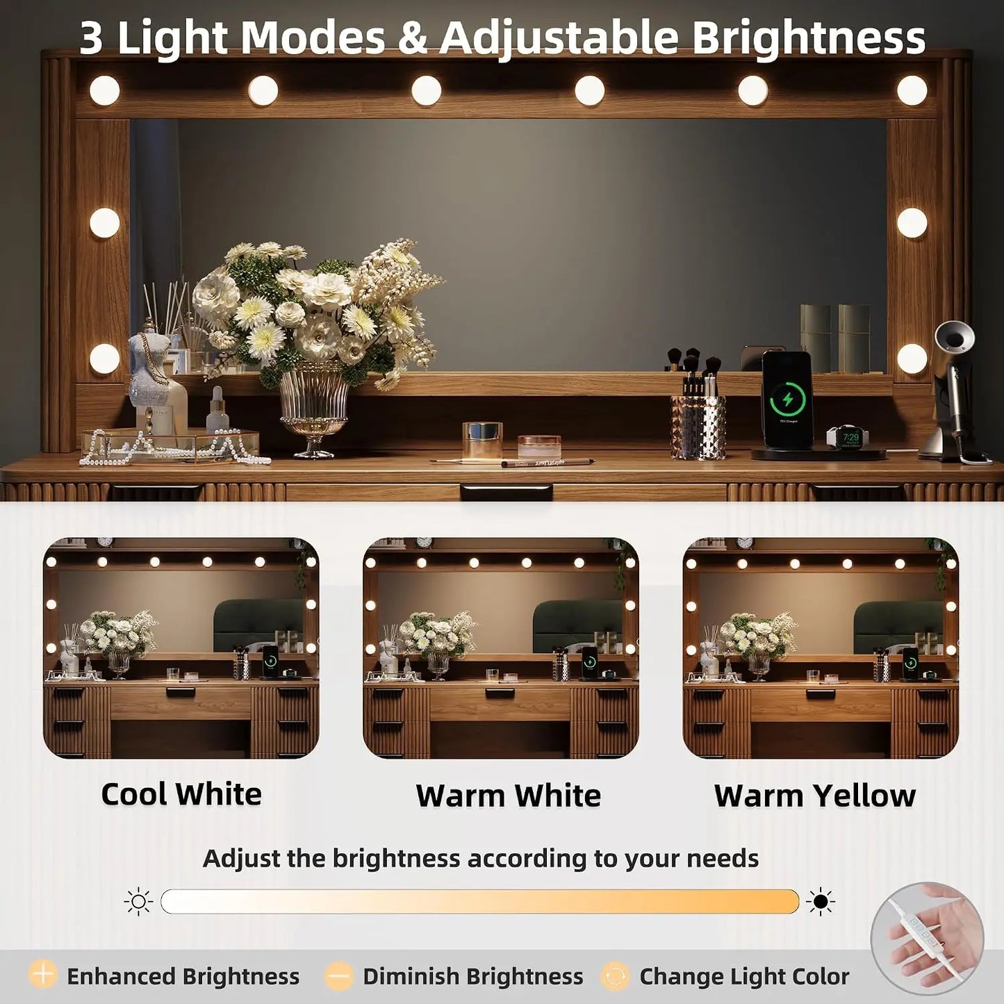 48.8" Wood Fluted Vanity Desk, Large 39.3" Lighted Mirror Makeup Dressing Table, Customized