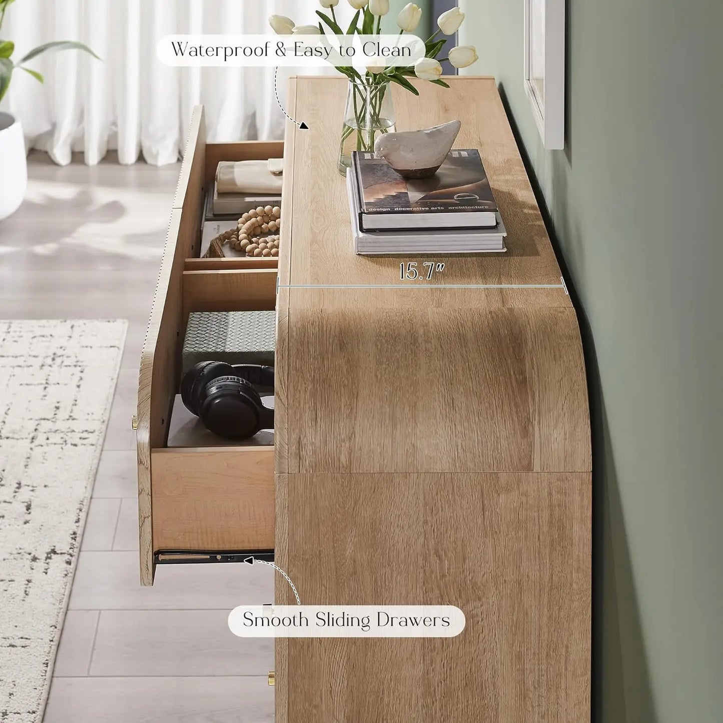 Fluted 6 Drawer Dresser Bedroom 54in Wide Curved Profile Wood TV Stand Living Room Hallway Oak, Customized