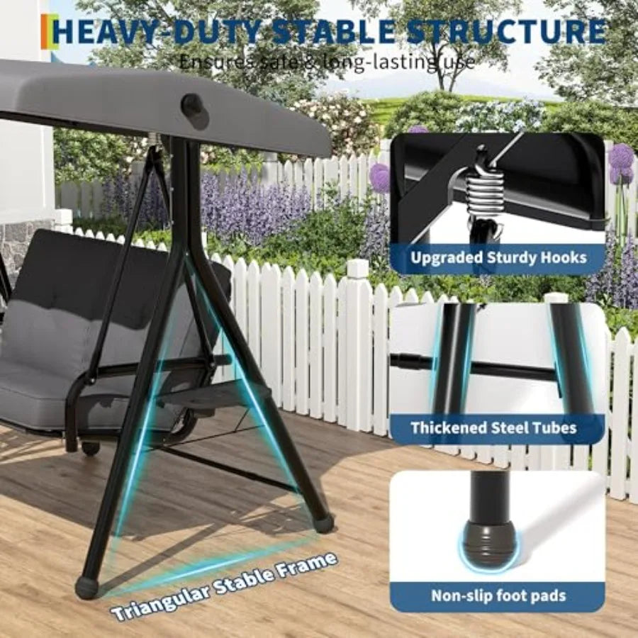 2 Seat Outdoor Porch Swing, 2-in-1 Patio Swing Chair with Thickened Removable Cushions, Adjustable Canopy ＆ Cup Holders, Outdoo