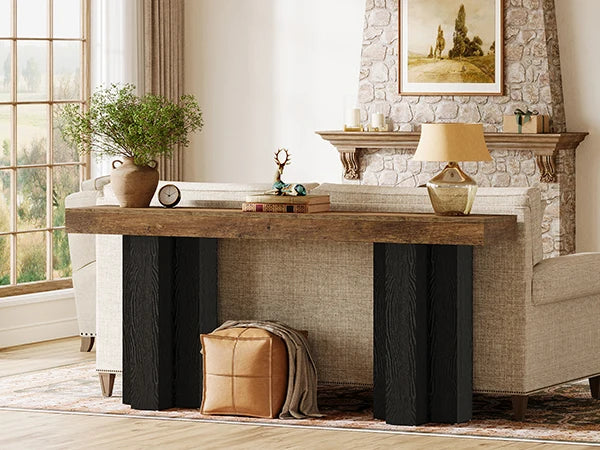 Tribesigns 63-Inch Console Table for Entryway, Farmhouse Entryway Table with Sturdy Legs, Narrow Long Sofa Console Behind Couch for Living Room, Hallway, Foyer, Rustic Brown and Black