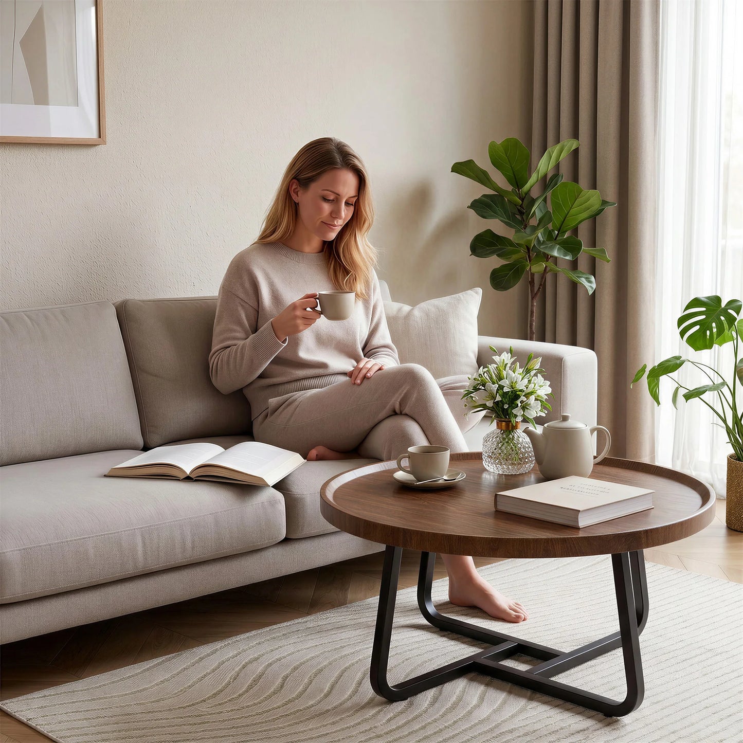 19.7in Minimalist Round Side Table, Small Coffee Tea End Table With Metal Frame For Living Room Bedroom Decor