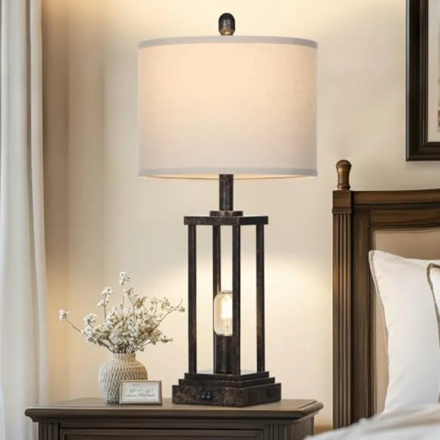 Rustic Farmhouse Table Lamps With Night Light, Set of Two