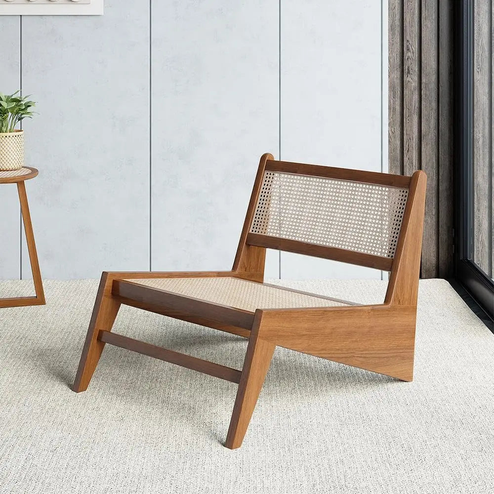 Mid Century Modern Chair Walnut Rattan and Wood Lounge Chairs Armless Accent Chair for Living Room Bedroom, Customized