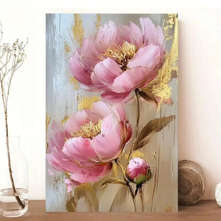 Canvas Peonies Painting With Foil Accents In Wooden Frame