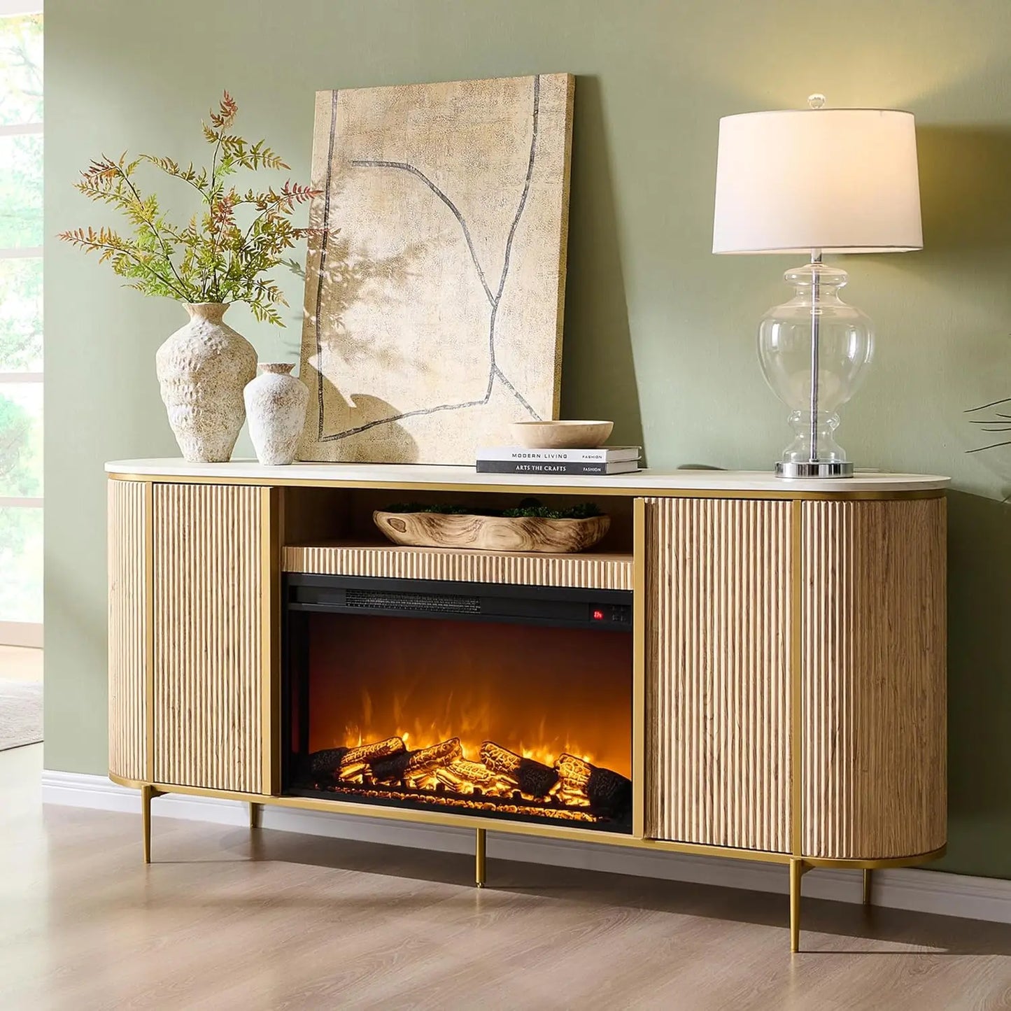 Fluted Fireplace TV Stand With Faux Marble Modern Curved Console