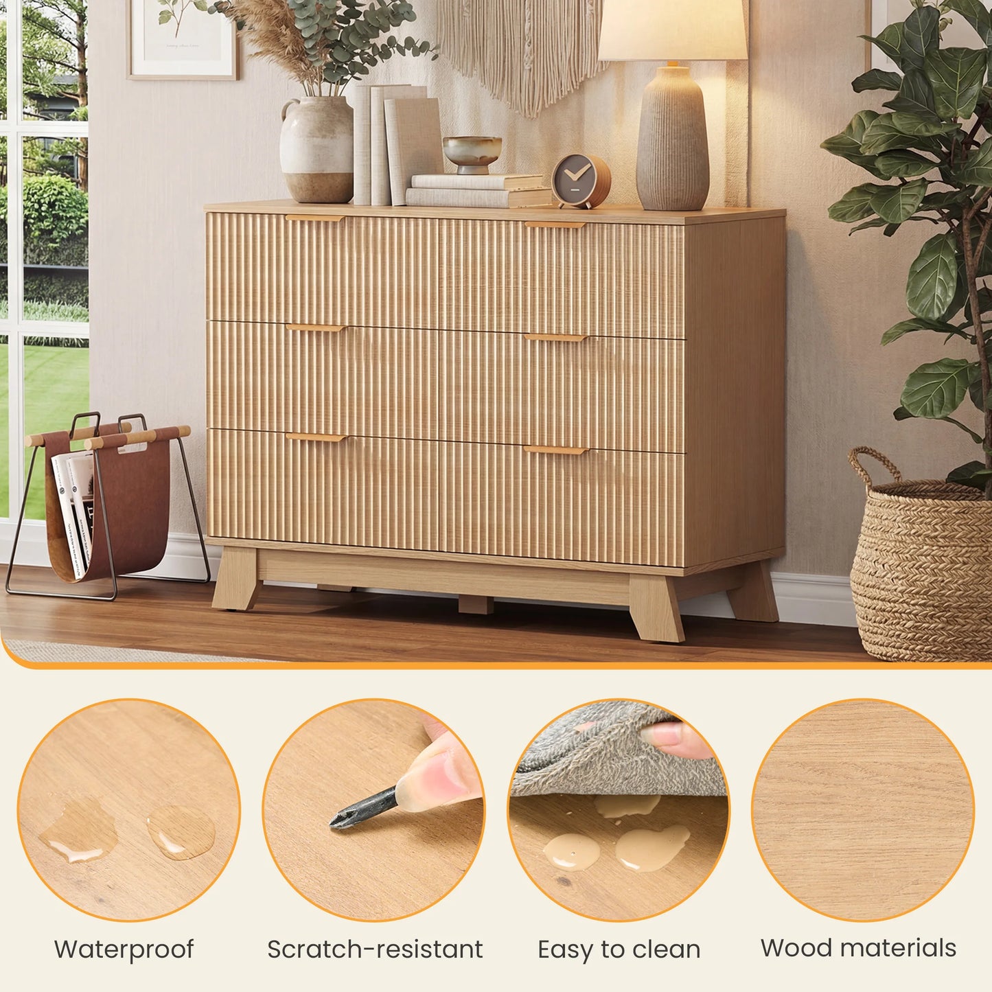 JHK Fluted Wooden 6 Drawer Dresser Cabinet Wide Modern Chest of Drawers with Gold Metal Handles Storage Organizer Unit for Living Room Hallway