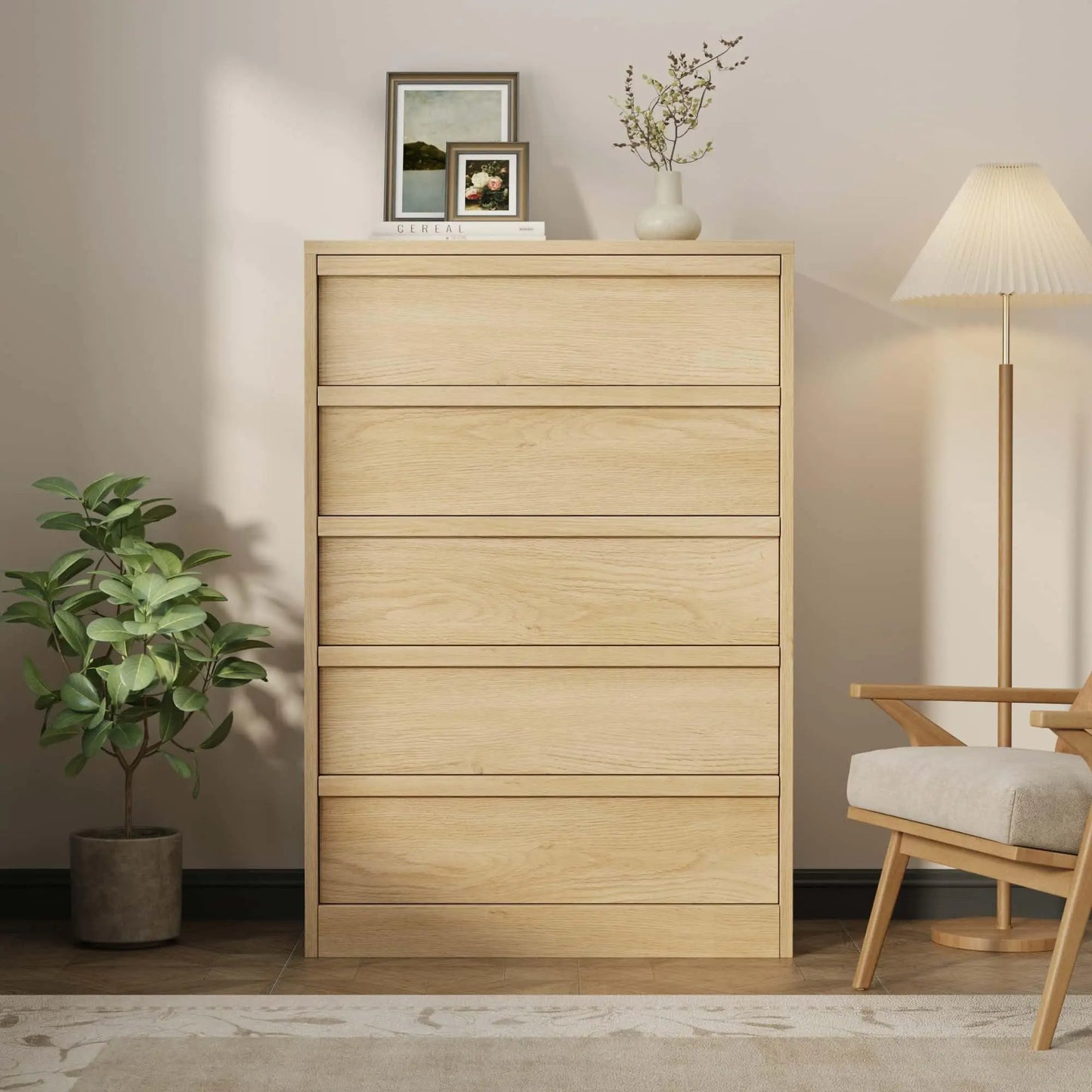 5 Drawer Dresser For Bedroom, 43.3in Tall Wooden Storage Chest With Deep Drawers, Modern Closet Cabinet For Living Room Entryway Hallway