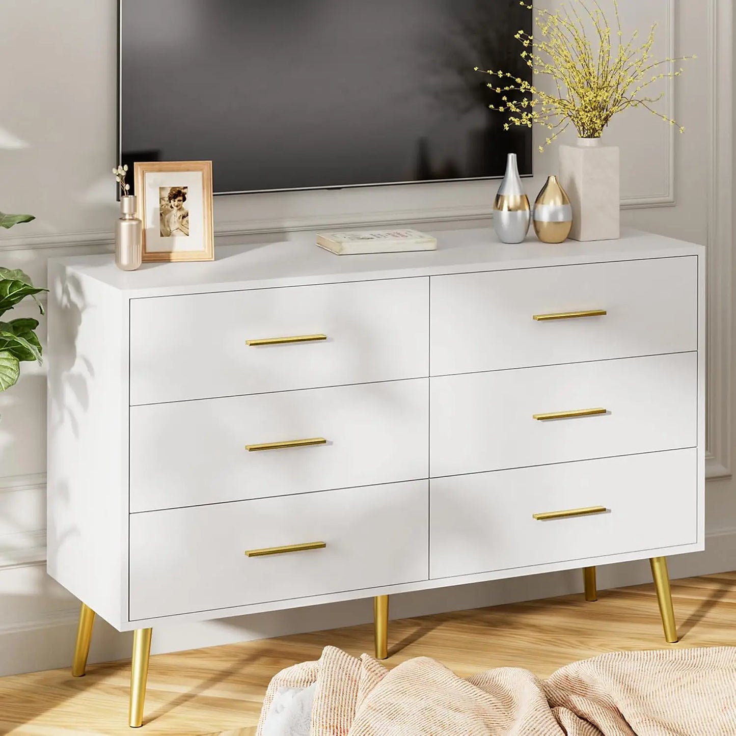White 6 Drawer Dresser with Gold Handles Wooden Storage Chest for Bedroom Living Room Hallway,Customized