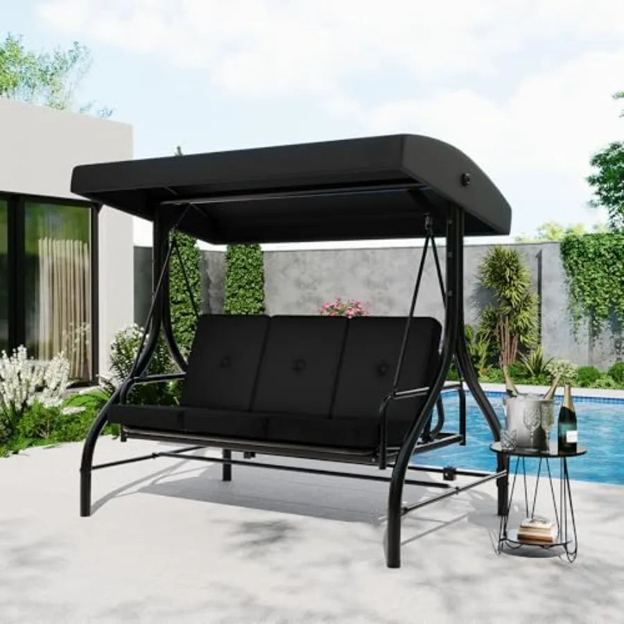 3 Seater Outdoor Porch Swing with Stand for Adults, 2-in-1 Convertible Design Patio Swing, Thick Soft Cushion and Adjustable Re