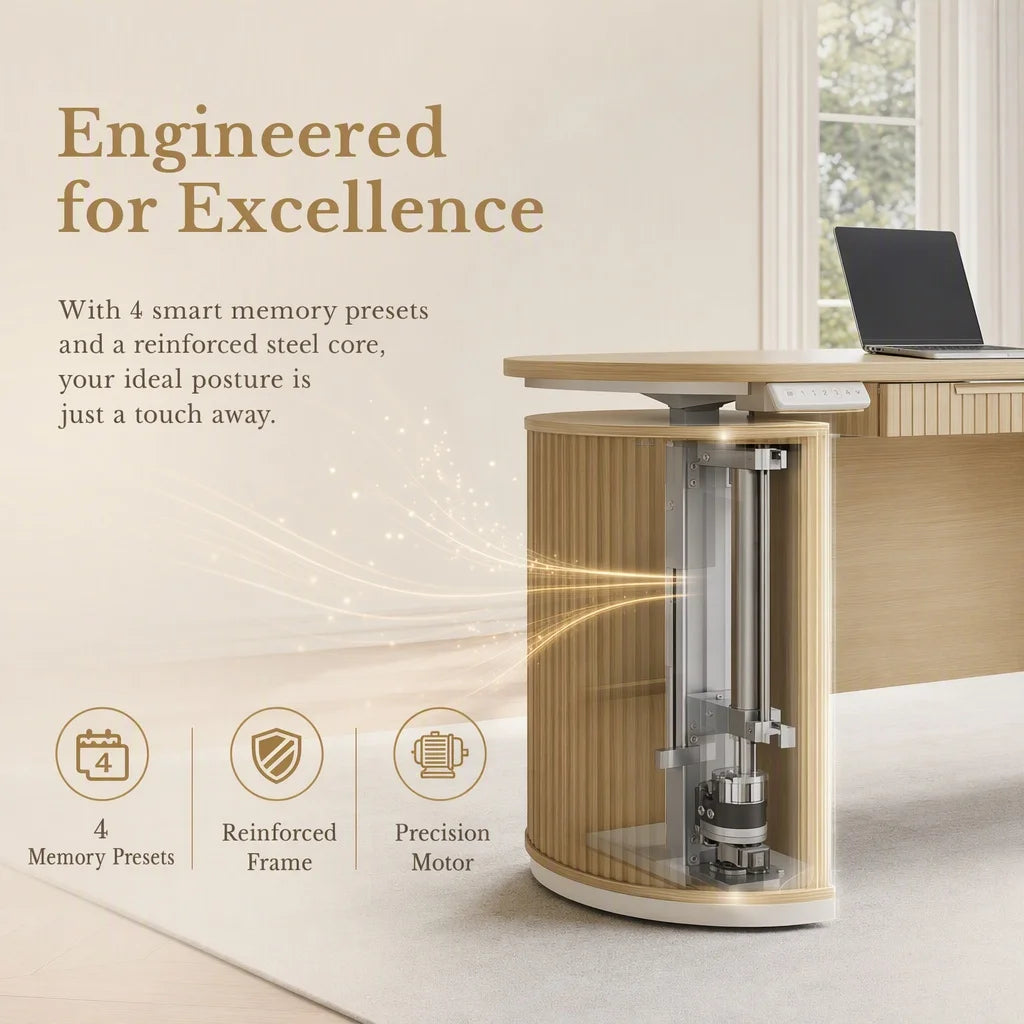 Electric Standing Desk with Storage Drawers, 63'' Executive Height Adjustable Desk with Privacy Panel and Shelves, Wood Fluted Computer Desk for Home Office