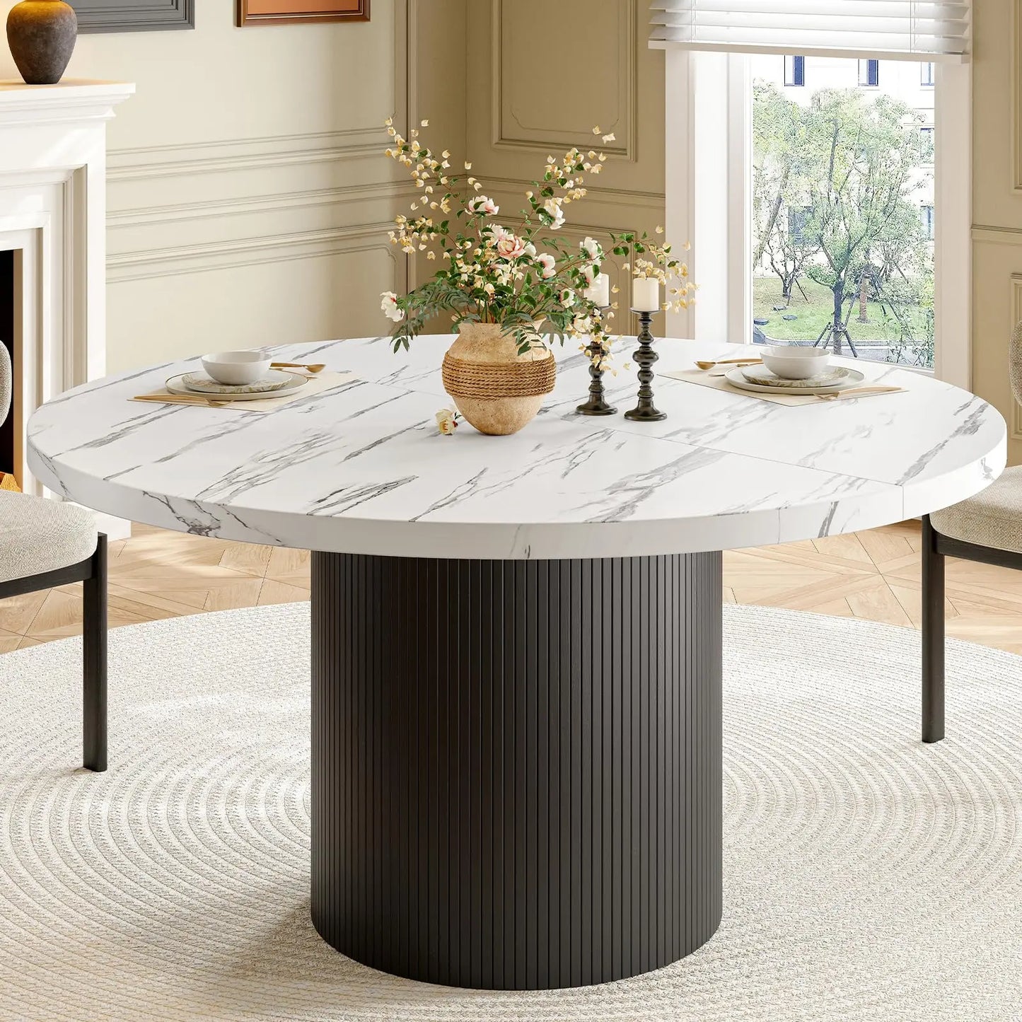 Black 47 Inch Round Dining Table For 4, Circle Fluted Kitchen Table Wood, Modern Dinner Tables For Kitchen, Living Room