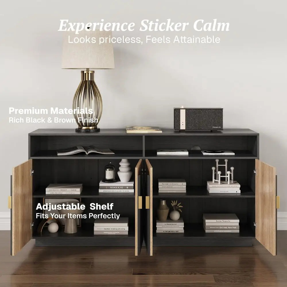 Fluted TV Stand With Storage Cabinets And Open Shelves