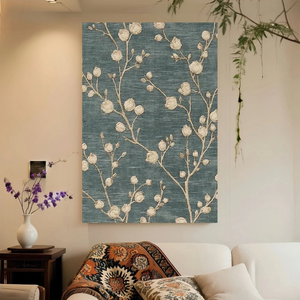 Framed 1pc, Wall Art, Fashion Poster, French Country Vintage Botanical Art Print, Gray-blue Textile Canvas Painting, Living Room