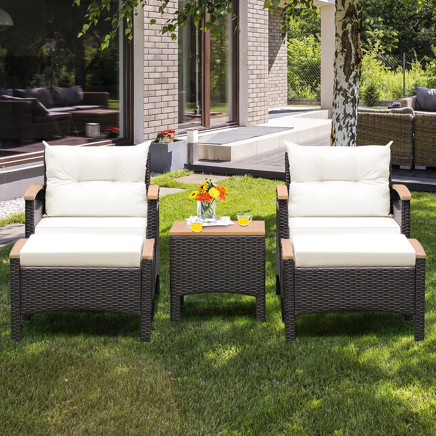 HOMASIS 5-Piece Patio Rattan Furniture Set With Cushioned Wood-Top Table