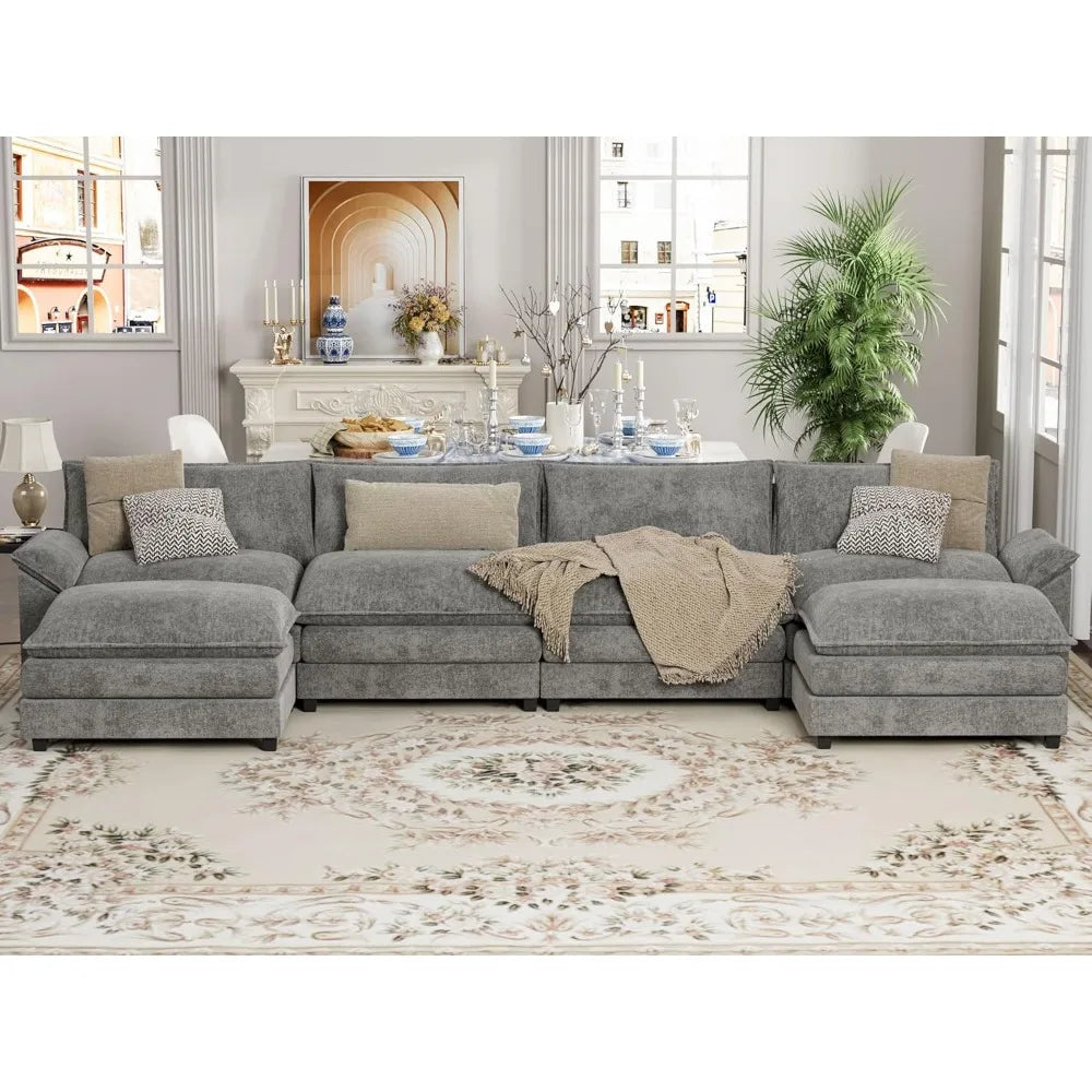 Sectional Modular Sofa U Shaped Chenille Fabric Couch with High Supportive & Soft Sponges and Removable Ottoman, Sleeper Comfy