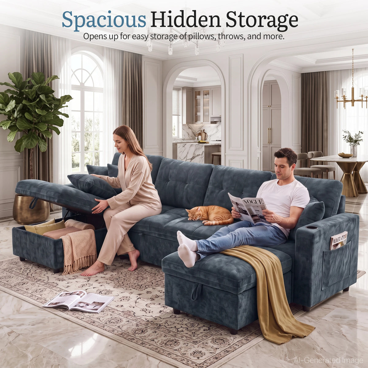 Convertible U-Shaped Sleeper Sofa, 107.8" 2-in-1 Pull Out Bed Sectional with Double Storage Chaise, Charging Station and Cup Holders, Chenille Fabric Couch for Living Room, Blue